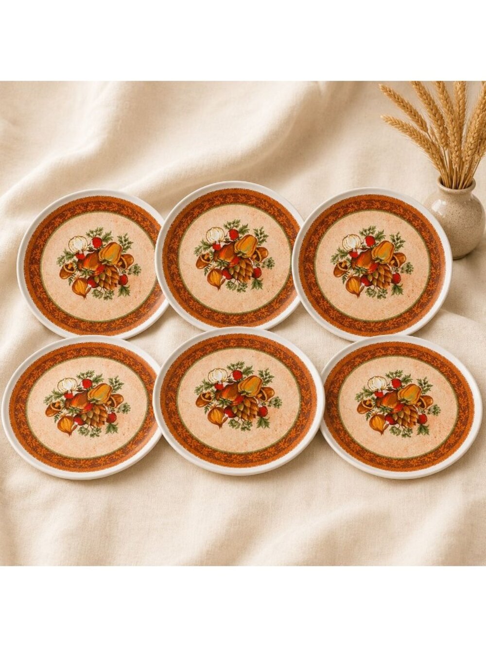 Vintage Retro Melmac Melamine Harvest Dinner Plates Set 6 Autumn Mushroom 9 Inch